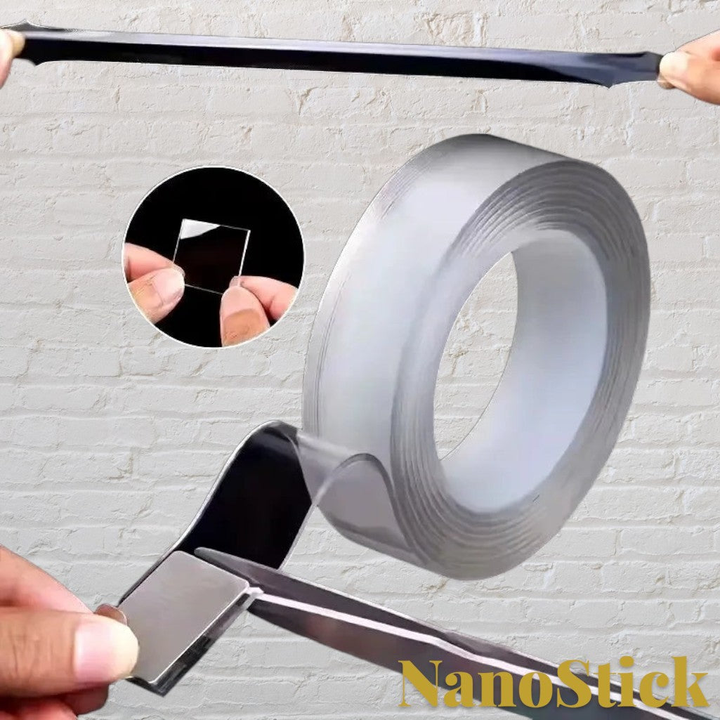 Gr8est heavy-duty transparent nano double-sided tape being stretched and cut for mounting and home organization.