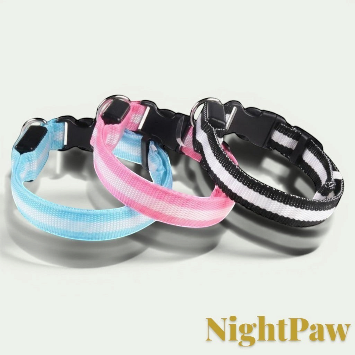 Gr8est NightPaw LED nylon dog collars in blue, pink, and black striped designs for night safety.