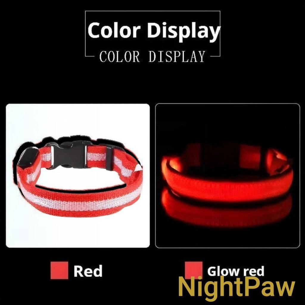 Gr8est NightPaw red nylon LED dog collar shown in daylight and glowing bright red in the dark for night safety.