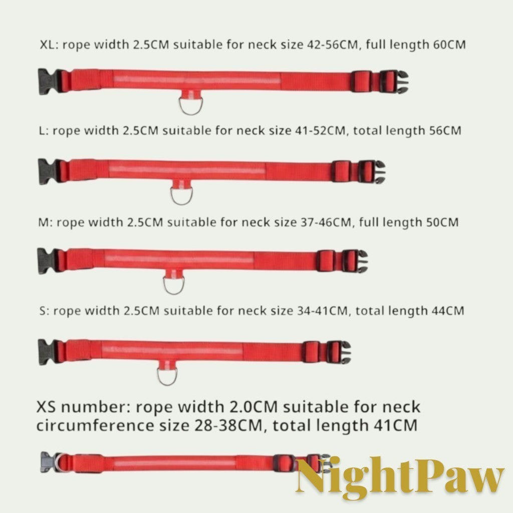 Gr8est NightPaw red nylon LED dog safety collars in five different sizes from XS to XL for night visibility.