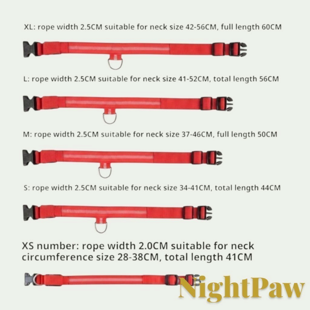 Gr8est NightPaw red nylon LED dog safety collars in five different sizes from XS to XL for night visibility.