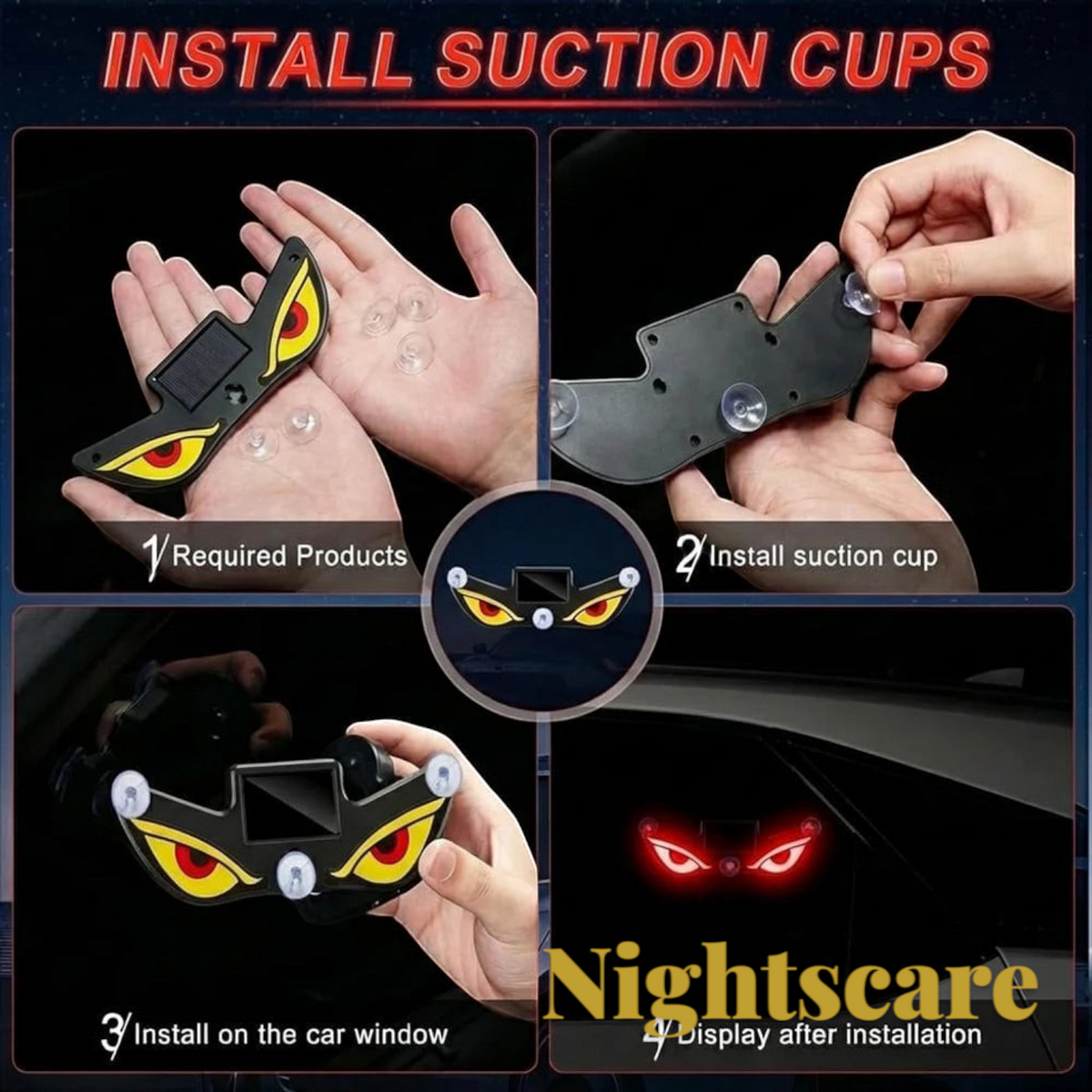 Gr8est Nightscare solar LED demon eye car window light with suction cup installation steps and glowing red display.