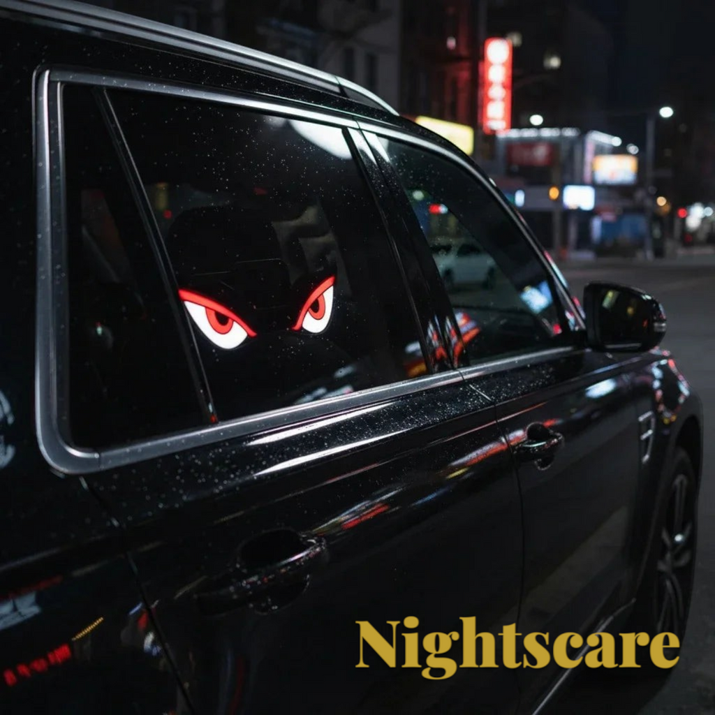 Gr8est Nightscare solar LED demon eye car window light glowing red on a black vehicle at night