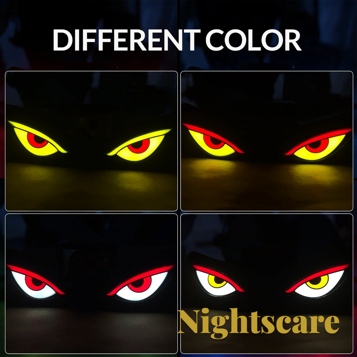 Gr8est Nightscare solar LED demon eye car window light showing various glowing color combinations in the dark