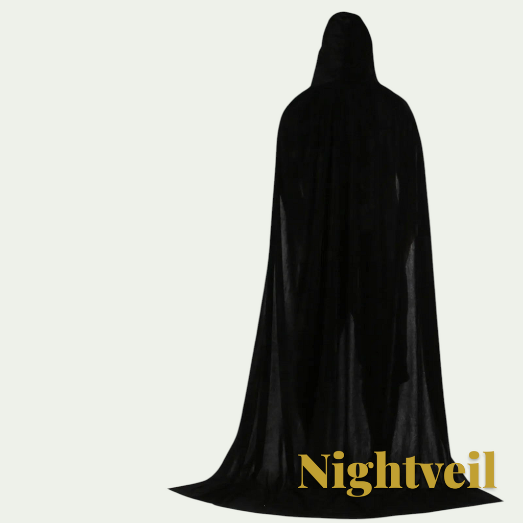 Gr8est Nightveil black hooded cloak worn by a person from behind for a mysterious Halloween or cosplay costume look