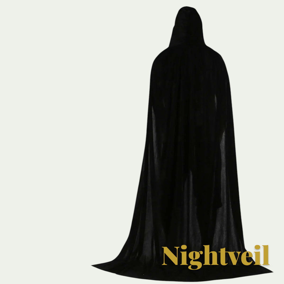 Gr8est Nightveil black hooded cloak worn by a person from behind for a mysterious Halloween or cosplay costume look