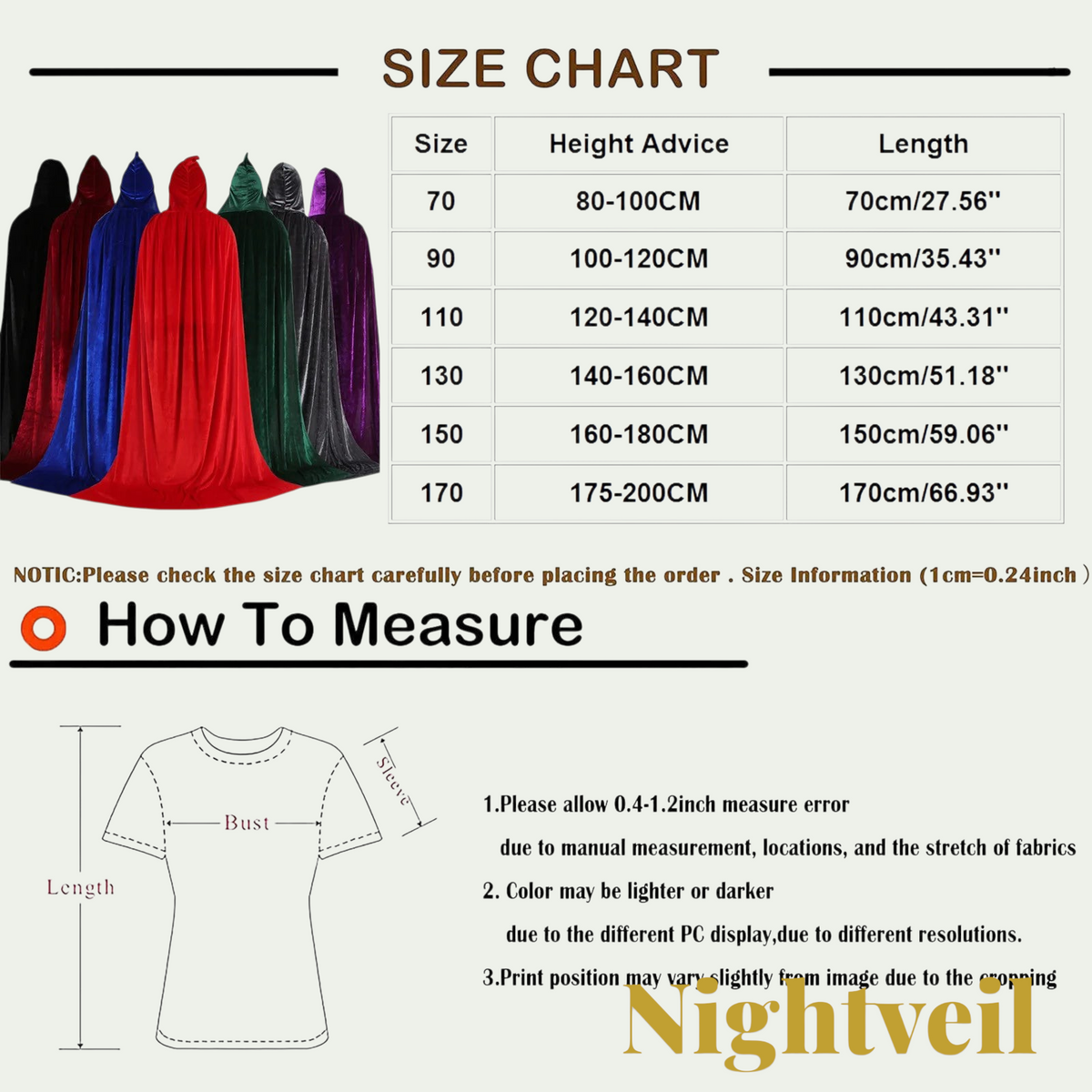 Gr8est Nightveil hooded Halloween costume cloak size chart showing various lengths and height recommendations