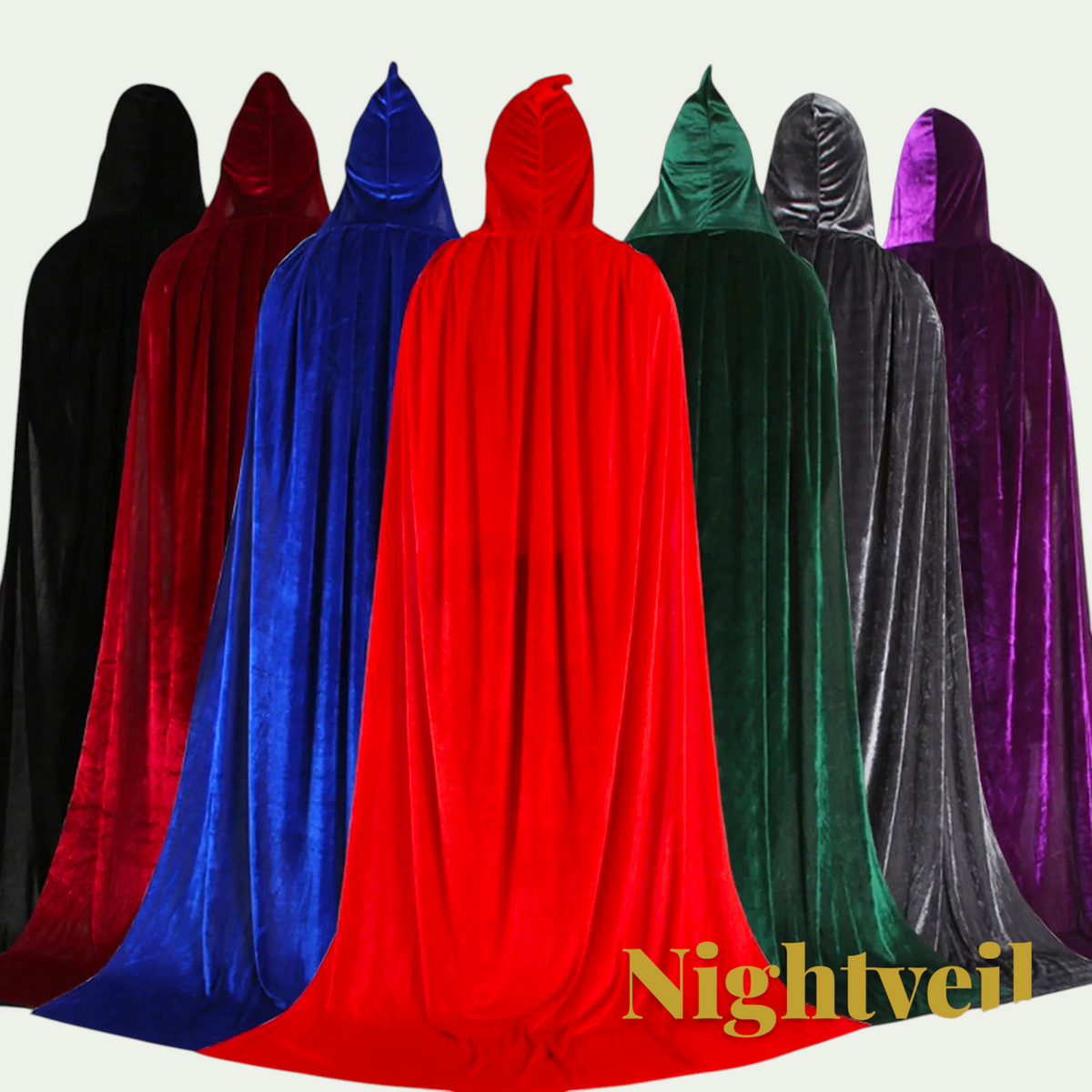 Gr8est Nightveil hooded velvet cloaks in various colors including red, blue, green, and black for cosplay costumes.