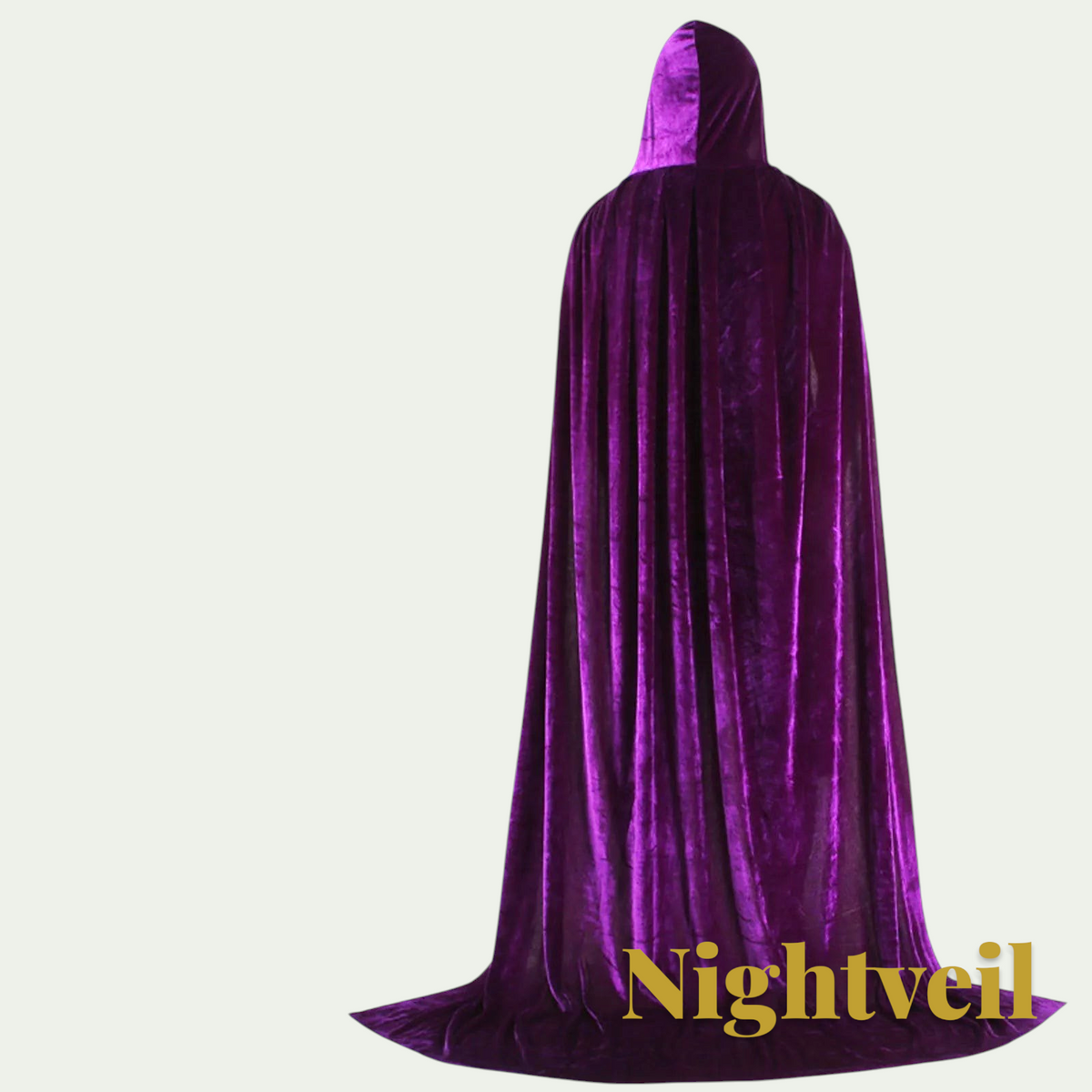 Gr8est Nightveil purple velvet hooded cloak for Halloween costumes and cosplay events, shown from the back.
