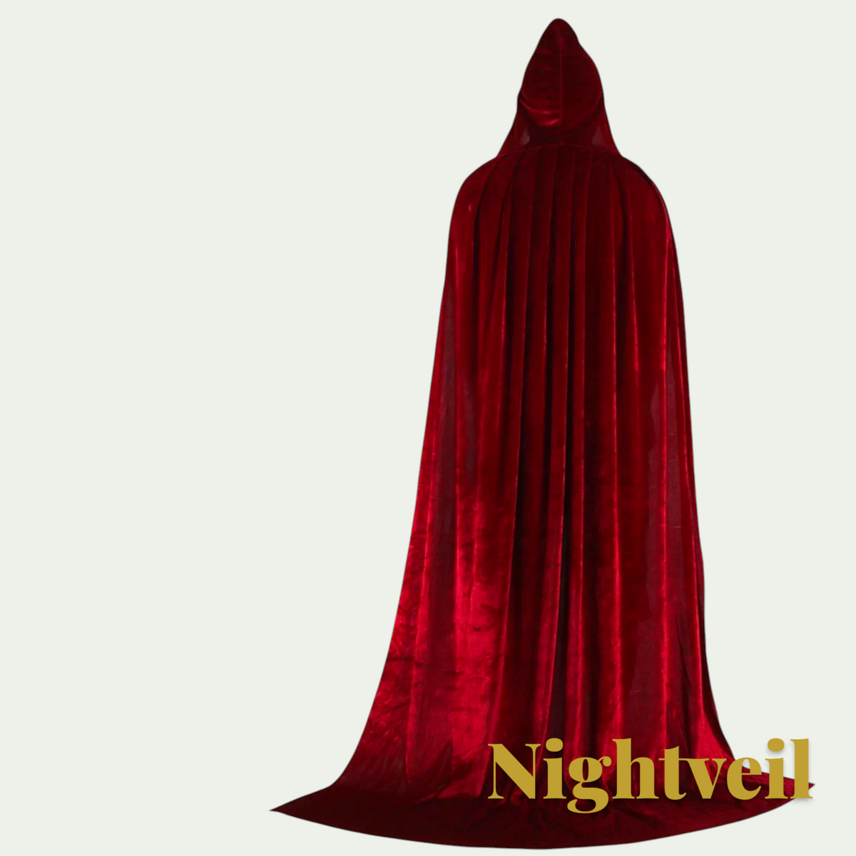 Gr8est Nightveil long red hooded cloak for Halloween costumes and cosplay, shown from the back view.
