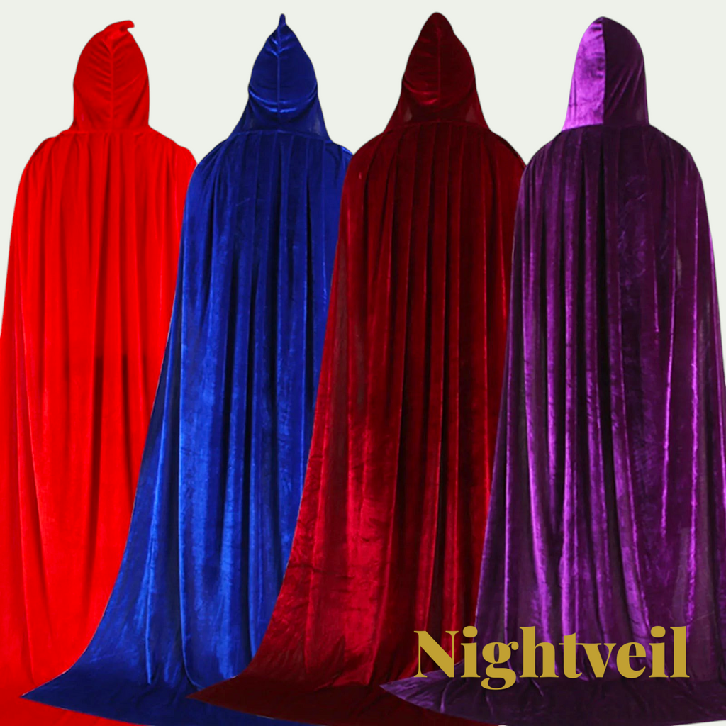 Gr8est Nightveil hooded Halloween cloaks in red, blue, dark red, and purple velvet for cosplay and costume parties.