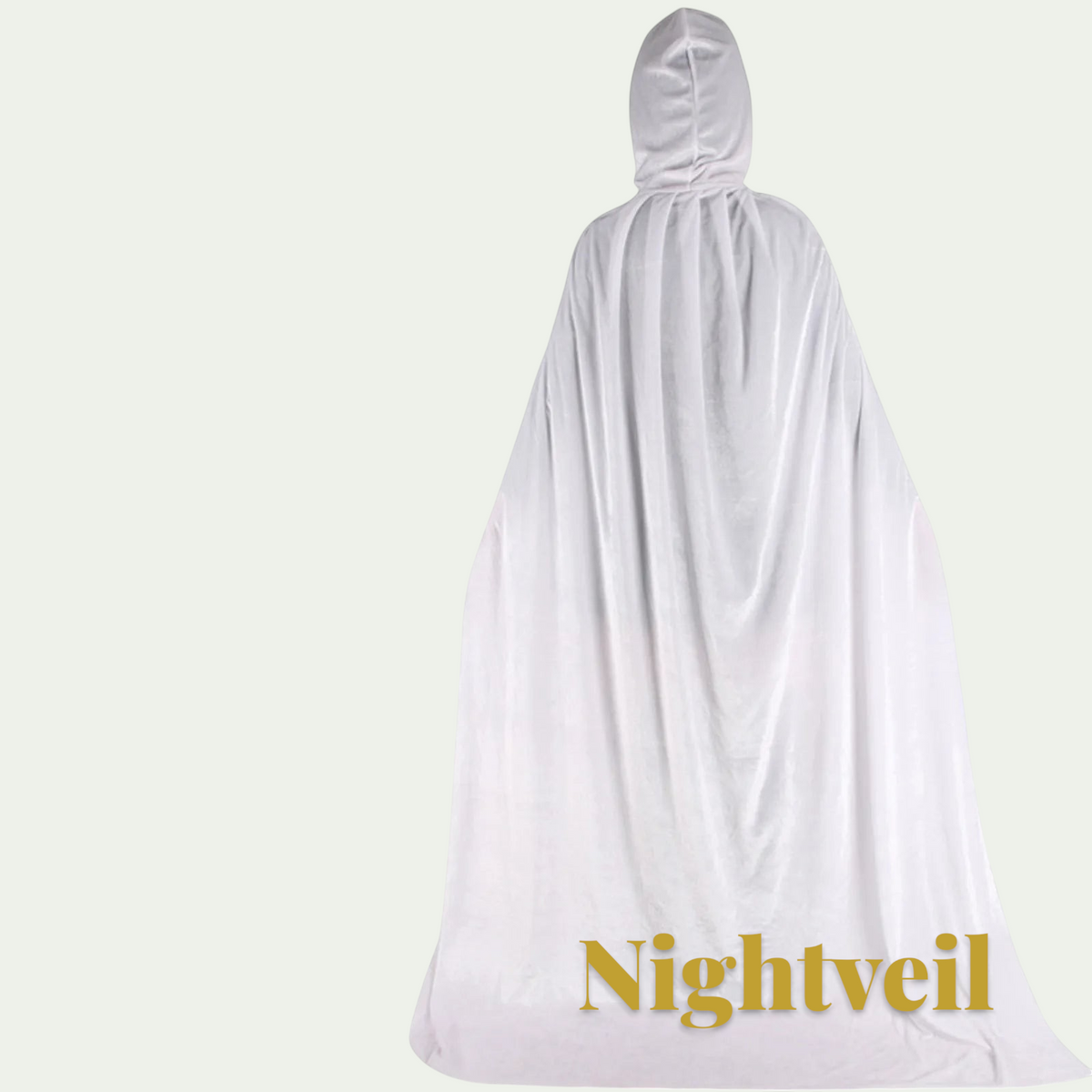 Gr8est Nightveil white hooded cloak for Halloween costumes and cosplay, shown from the back.