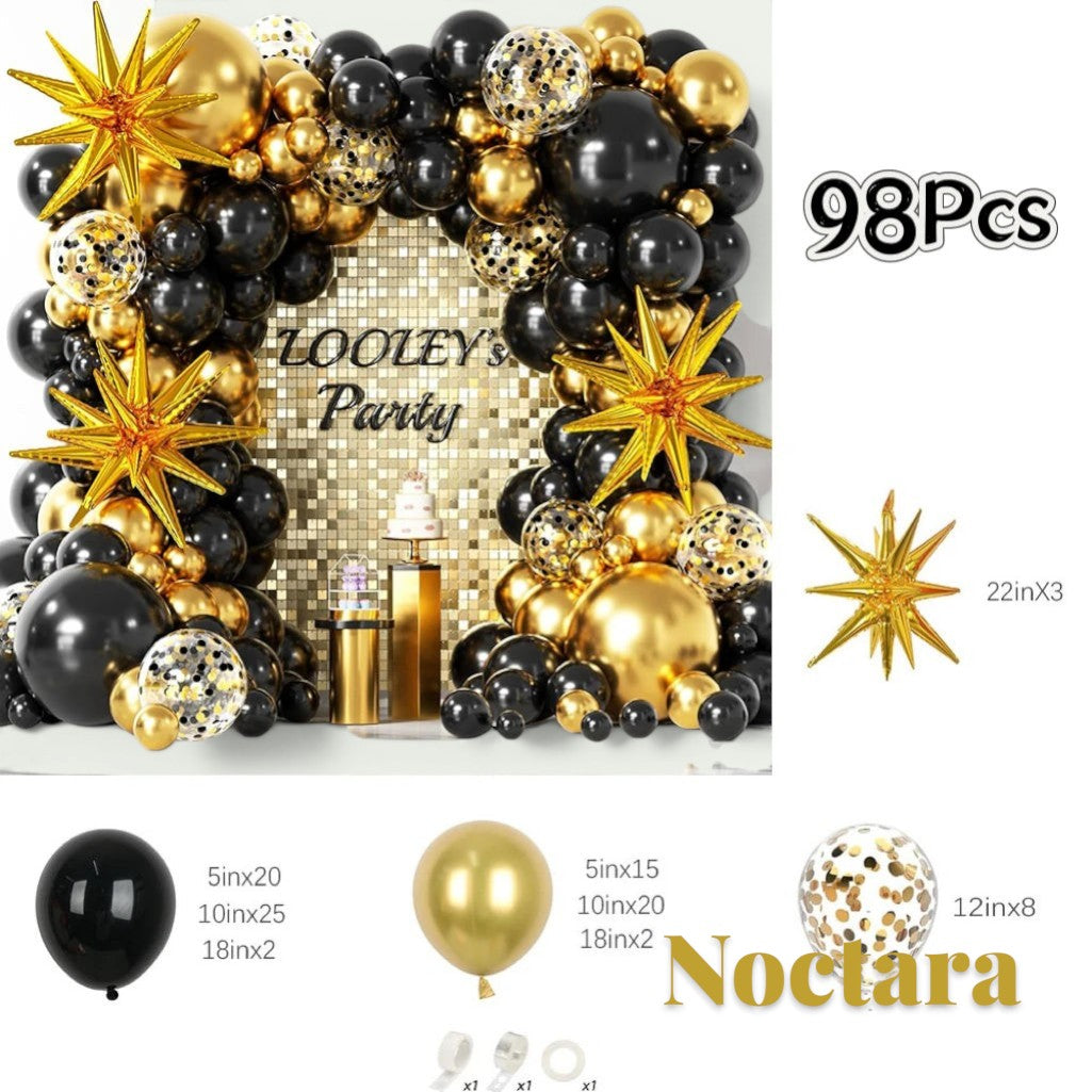 Gr8est Noctara 98-piece black and gold balloon garland arch kit with star-shaped foil balloons and confetti accents