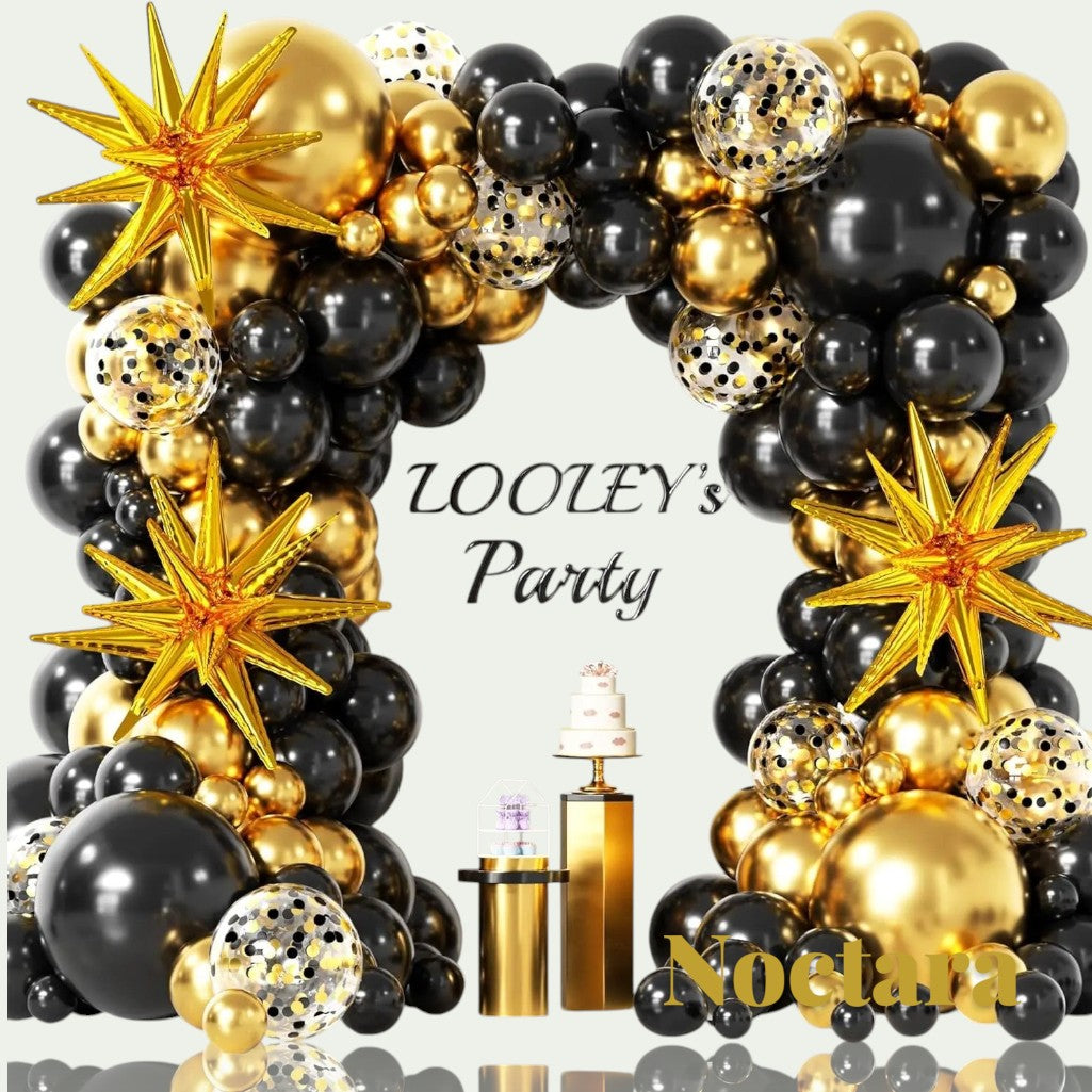 Gr8est Noctara black and gold balloon garland arch kit with star-shaped foil balloons and confetti latex balloons.