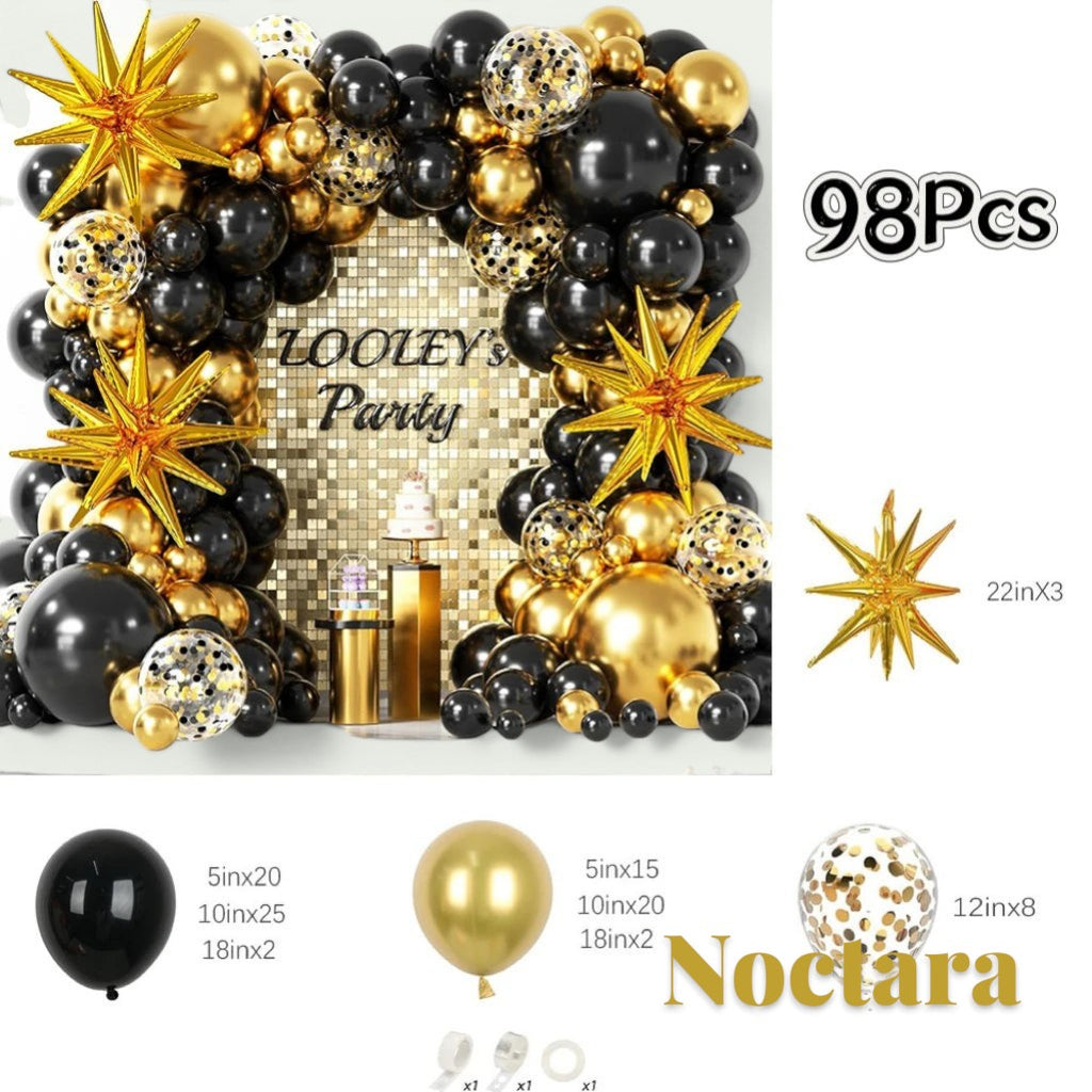 Gr8est Noctara 98-piece black and gold balloon garland arch kit with star-shaped foil balloons and confetti accents.
