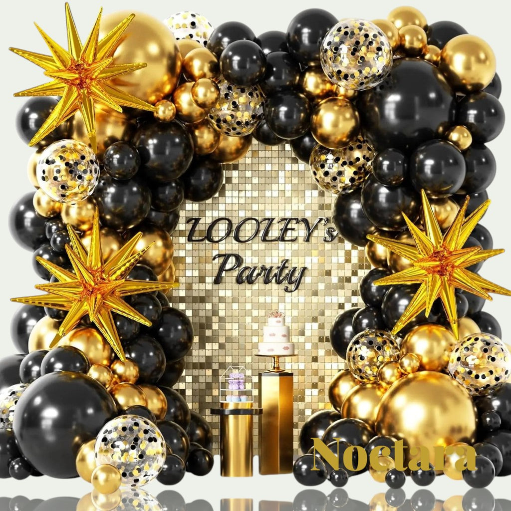 Gr8est Noctara black and gold balloon garland arch kit with star-shaped foil balloons and gold confetti accents.
