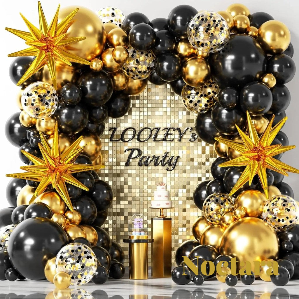 Gr8est Noctara black and gold balloon garland arch kit with star-shaped balloons and confetti-filled latex balloons.