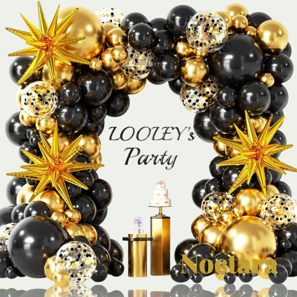 Gr8est Noctara black and gold balloon garland arch kit with star-shaped foil balloons and confetti latex balloons.