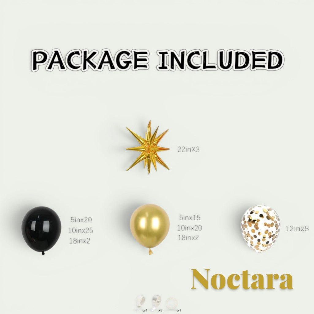 Gr8est Noctara 98-piece black and gold balloon garland kit featuring latex balloons, star foil balloons, and confetti.