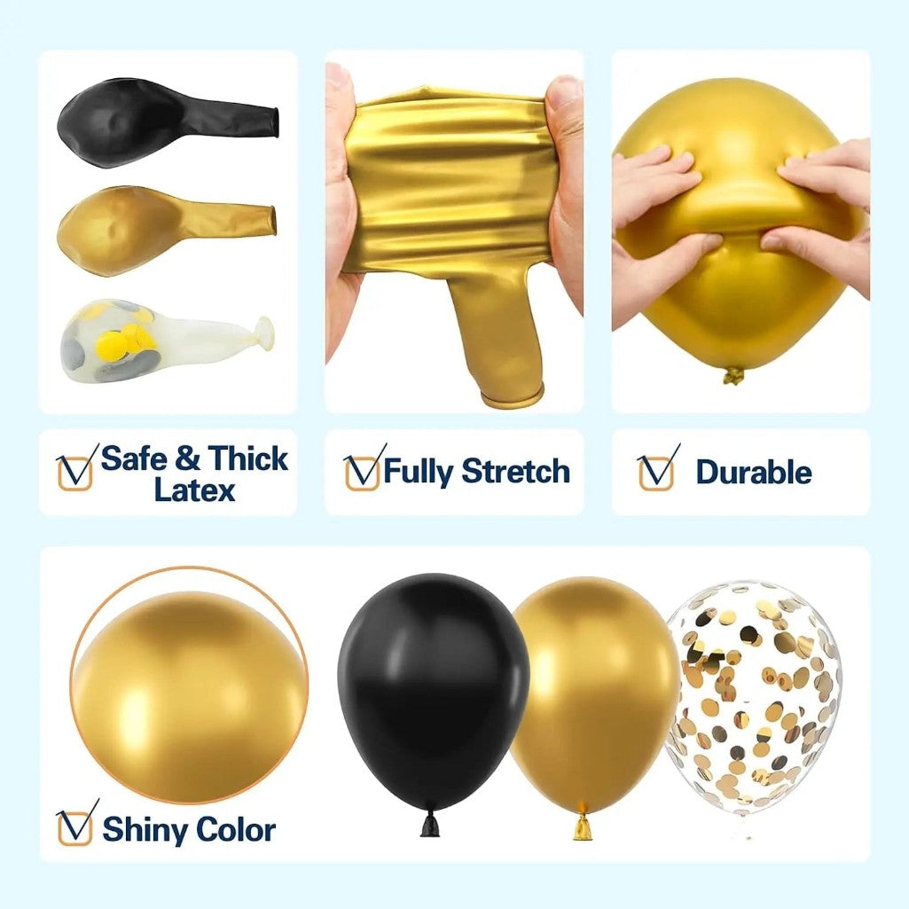 Gr8est Noctara black and gold balloon kit showing durable, stretchy latex balloons and shiny confetti-filled designs.