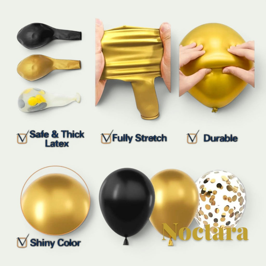 Gr8est Noctara black and gold balloon kit showing durable, stretchy latex balloons and gold confetti-filled balloons.