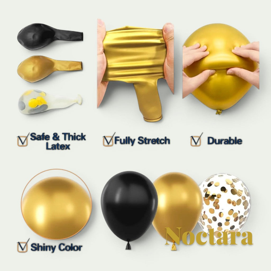 Gr8est Noctara black and gold balloon kit showing durable, stretchy latex balloons and gold confetti-filled balloons.