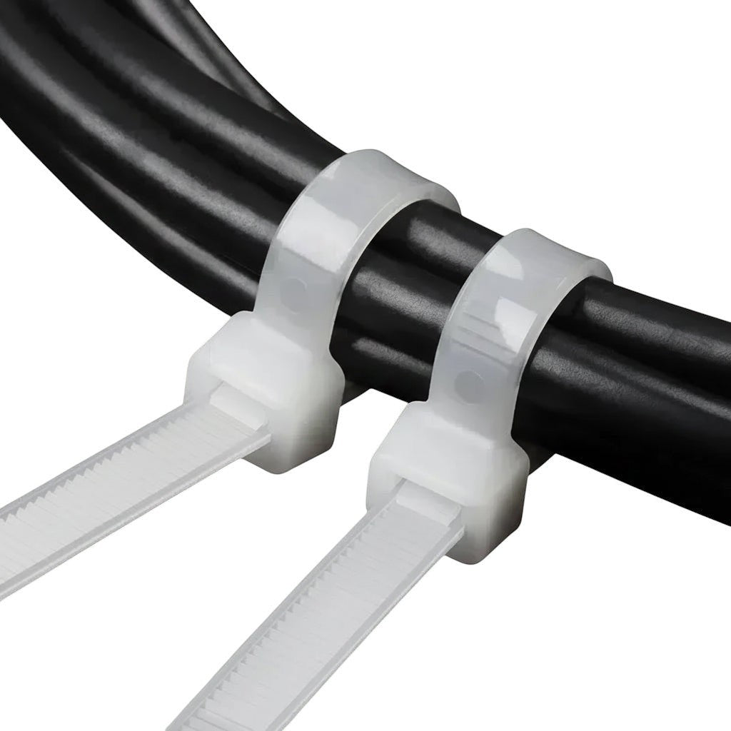 Gr8est white self-locking nylon cable ties securing black electrical wires for organized cable management