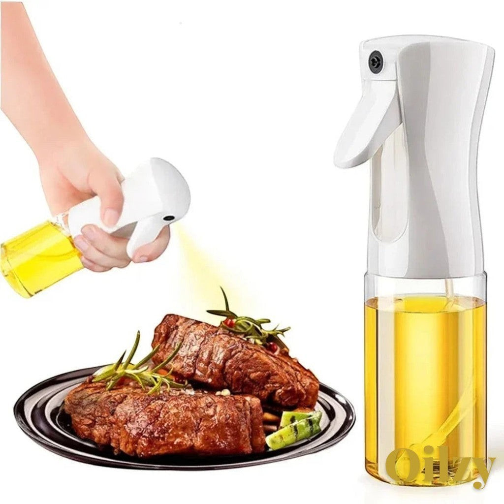 Gr8est oil spray bottle misting olive oil onto a grilled steak for healthy cooking and even coating