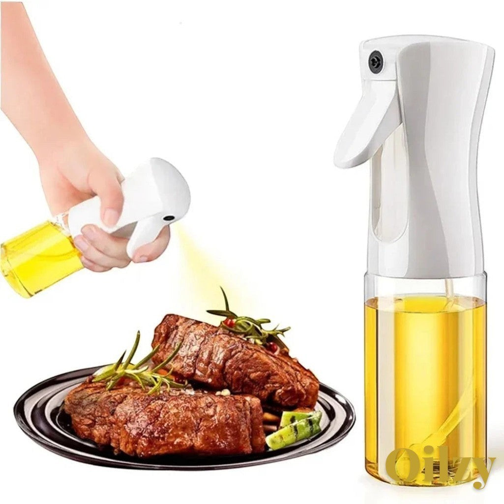 Gr8est oil spray bottle misting olive oil onto a grilled steak for healthy cooking and even coating