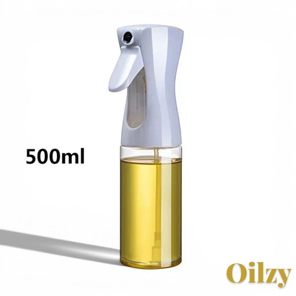 Gr8est 500ml Oilzy kitchen oil spray bottle with a white mist dispenser and clear container for healthy cooking.