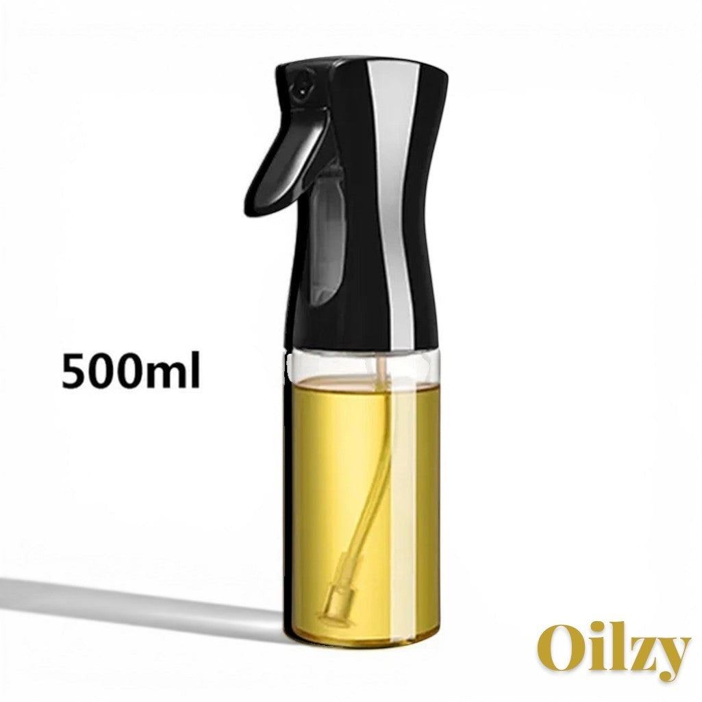 Gr8est 500ml Oilzy kitchen oil spray bottle with a black trigger nozzle and clear container for healthy cooking.