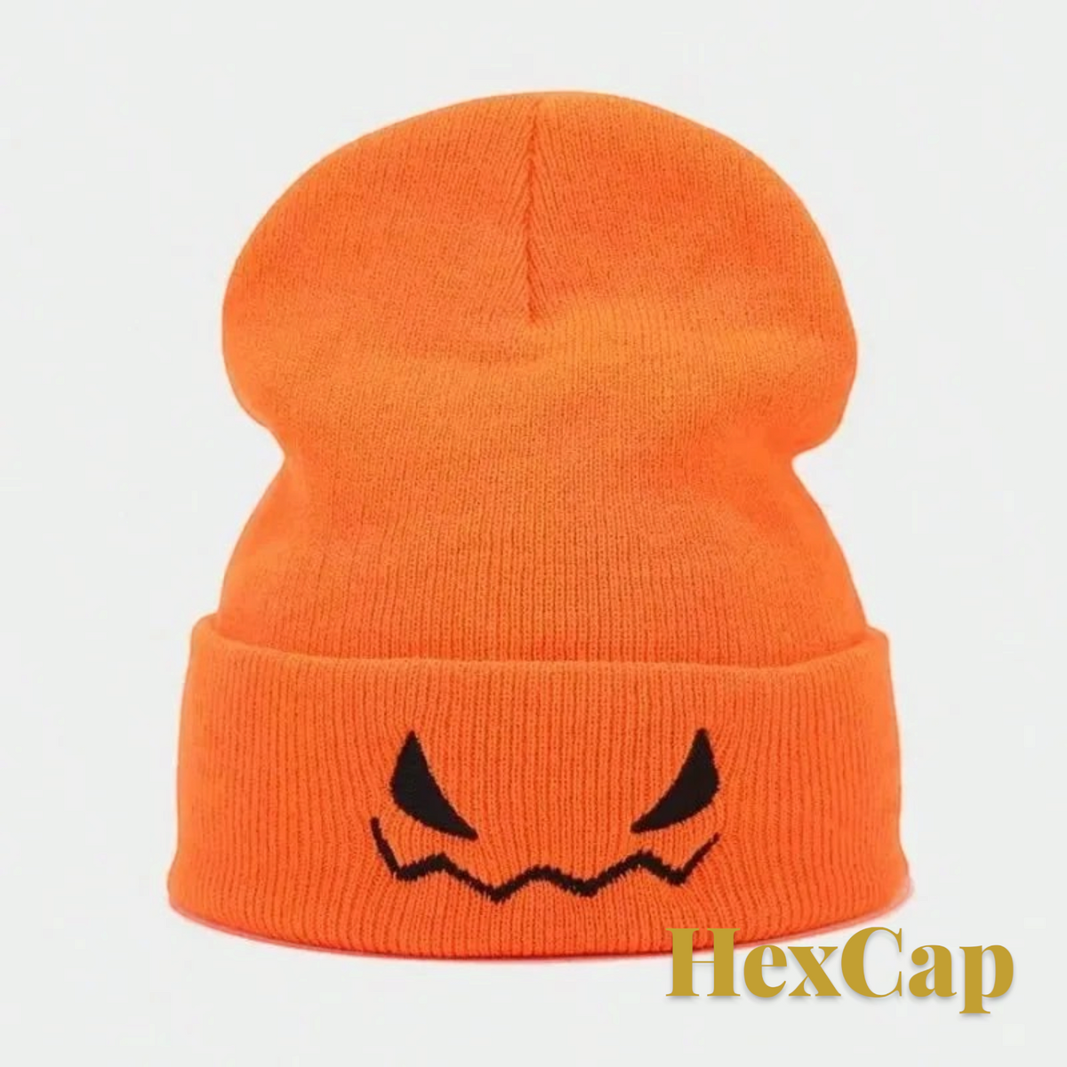 Gr8est orange knit beanie with black embroidered jack-o-lantern face for Halloween and autumn outdoor wear