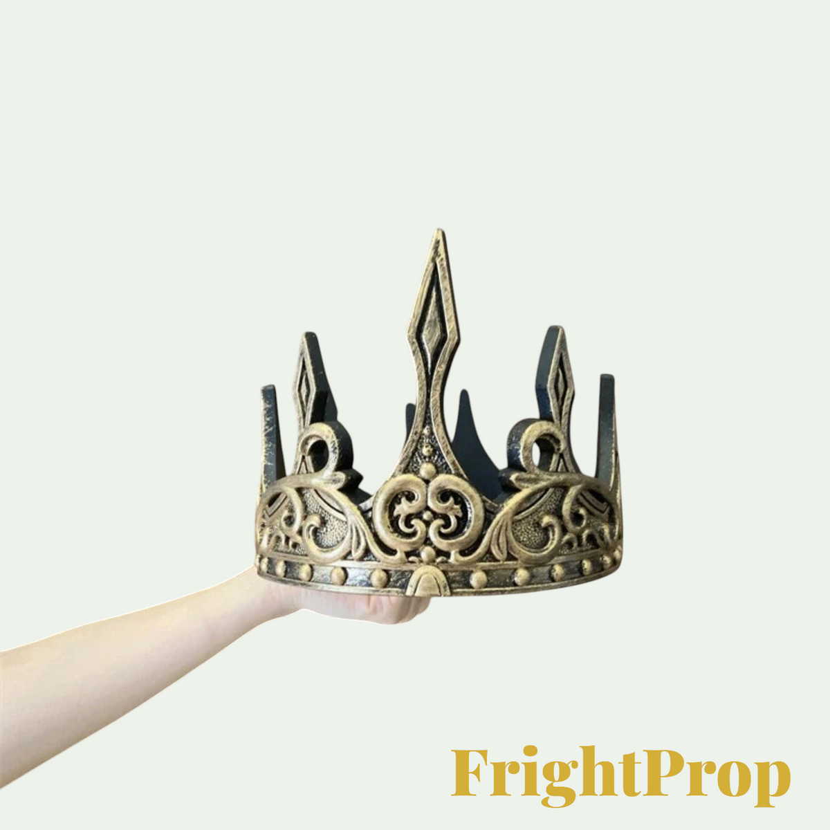 Gr8est ornate gold crown prop for Halloween costumes and cosplay featuring intricate scrollwork and a weathered finish