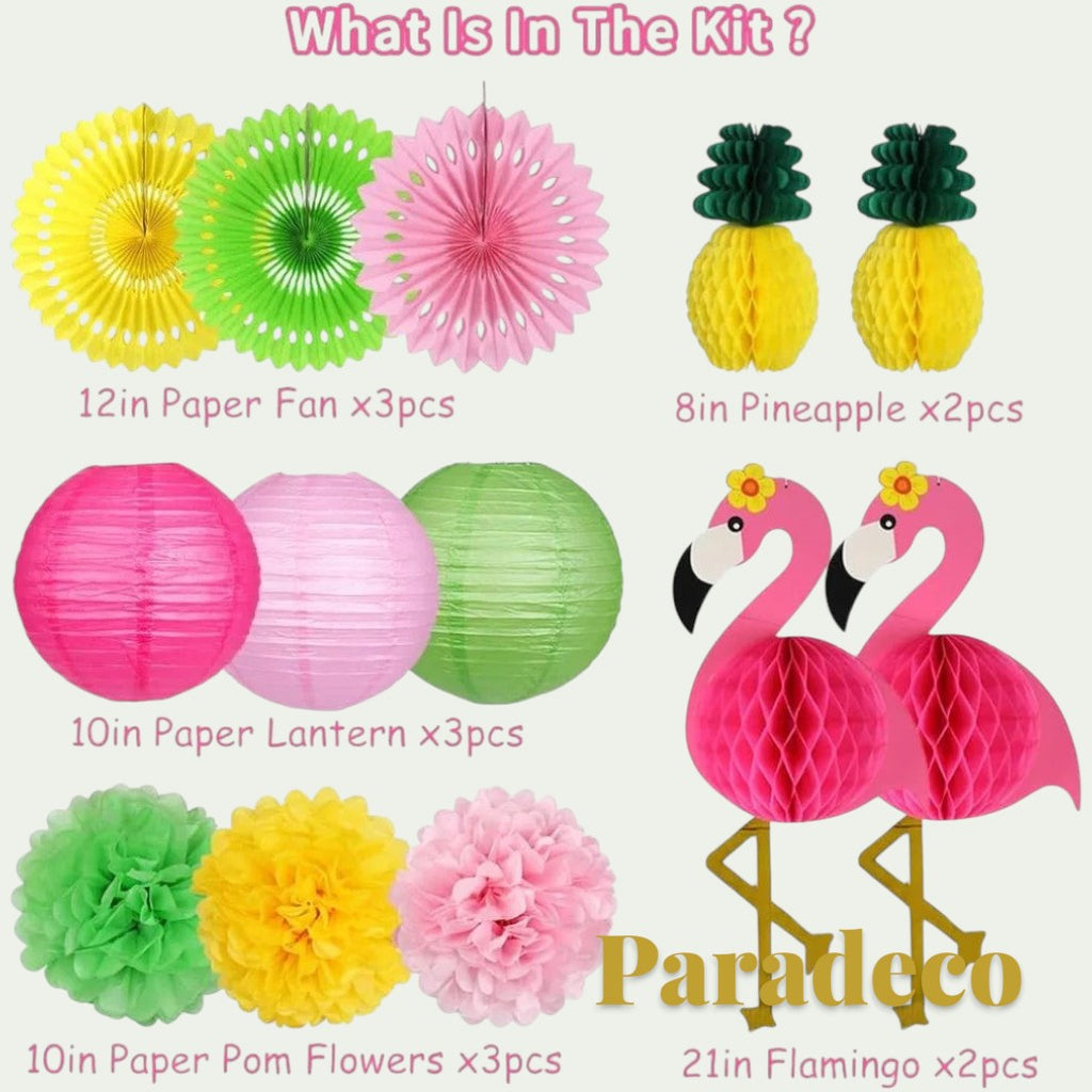 Gr8est Paradeco Hawaiian party decoration kit featuring paper fans, lanterns, pom poms, and flamingo pineapple decor.