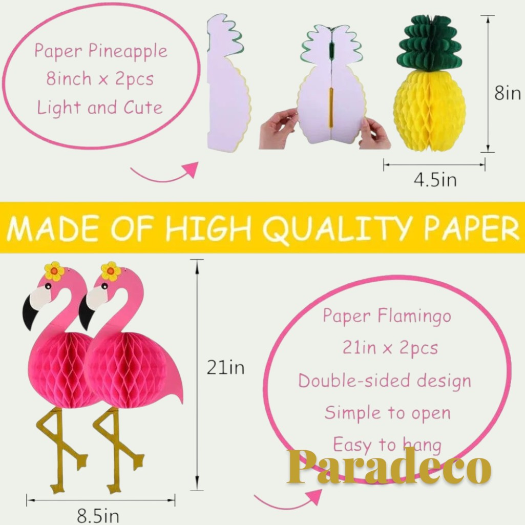 Gr8est Paradeco Hawaiian party decorations featuring 3D honeycomb paper pineapple and flamingo centerpieces with dimensions