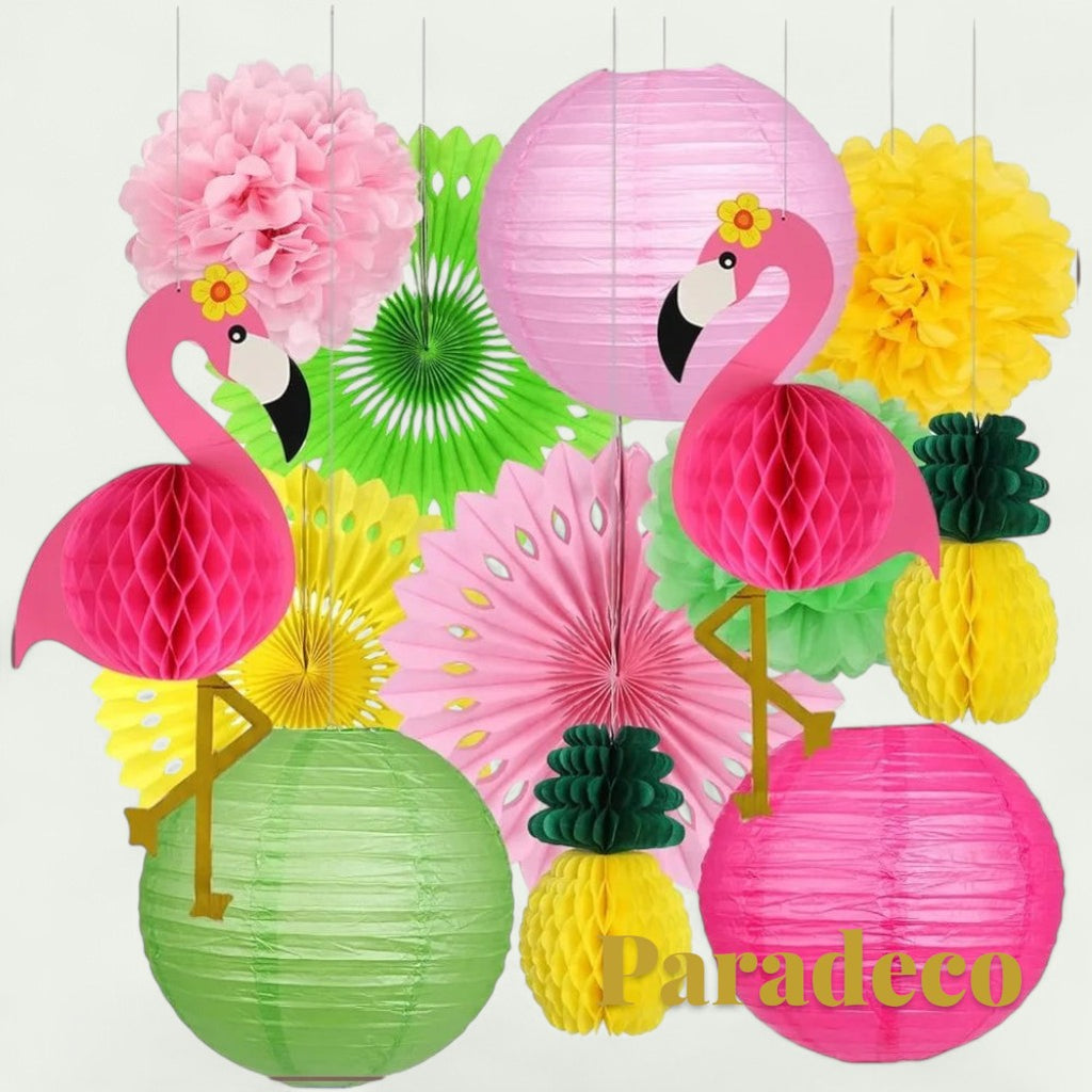 Gr8est Paradeco Hawaiian party decorations featuring pink flamingo and pineapple honeycomb balls, lanterns, and fans.
