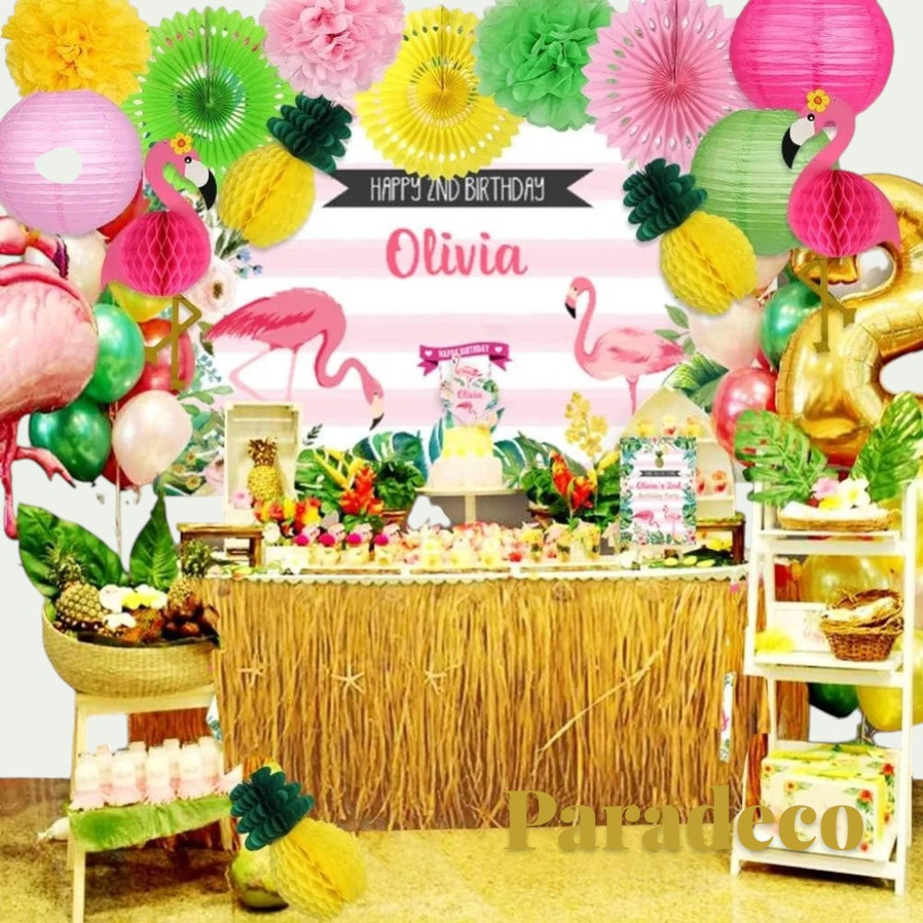 Gr8est Paradeco Hawaiian party decoration set featuring flamingo and pineapple honeycomb balls, paper fans, and lanterns.