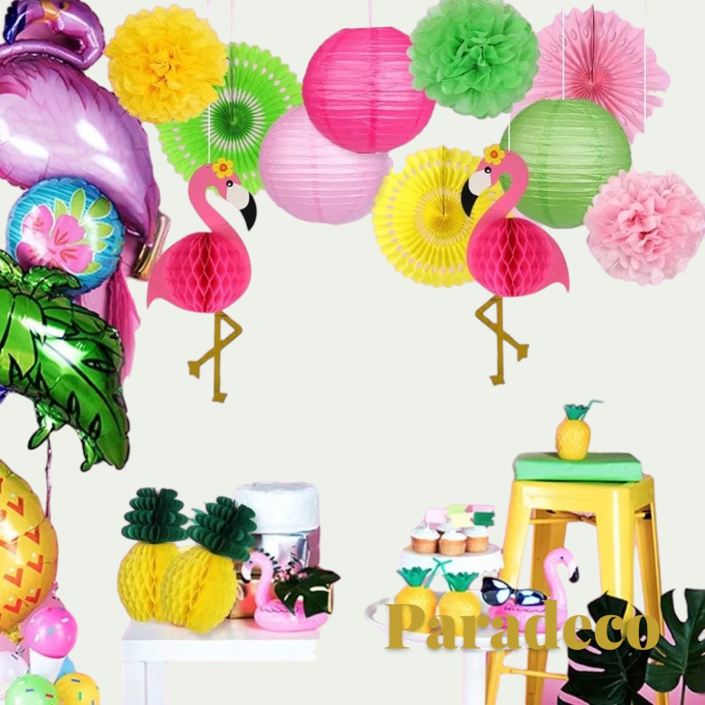 Gr8est Paradeco Hawaiian party decoration set featuring flamingo and pineapple honeycomb balls, lanterns, and fans.