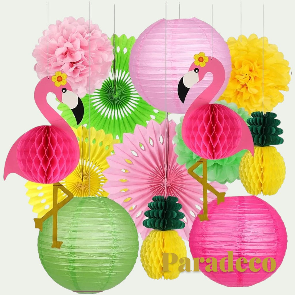 Gr8est Paradeco Hawaiian party decoration set featuring flamingo and pineapple honeycomb balls, lanterns, and fans.