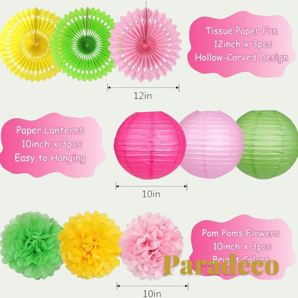 Gr8est Paradeco tropical party decor set featuring pink, yellow, and green paper fans, lanterns, and tissue pom poms.