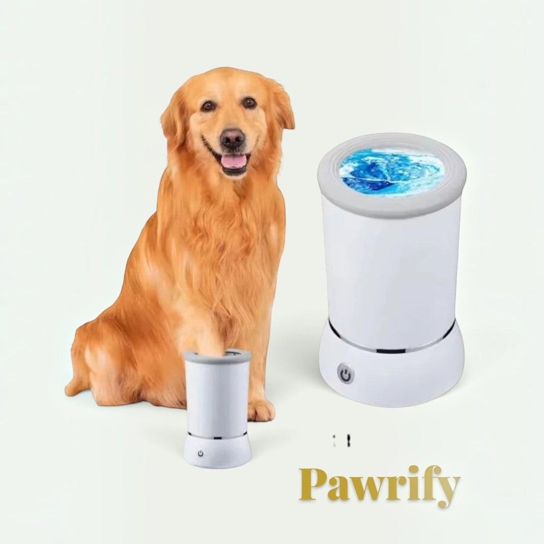 Gr8est Pawrify electric dog paw washer in white with soft silicone bristles, shown with a golden retriever.