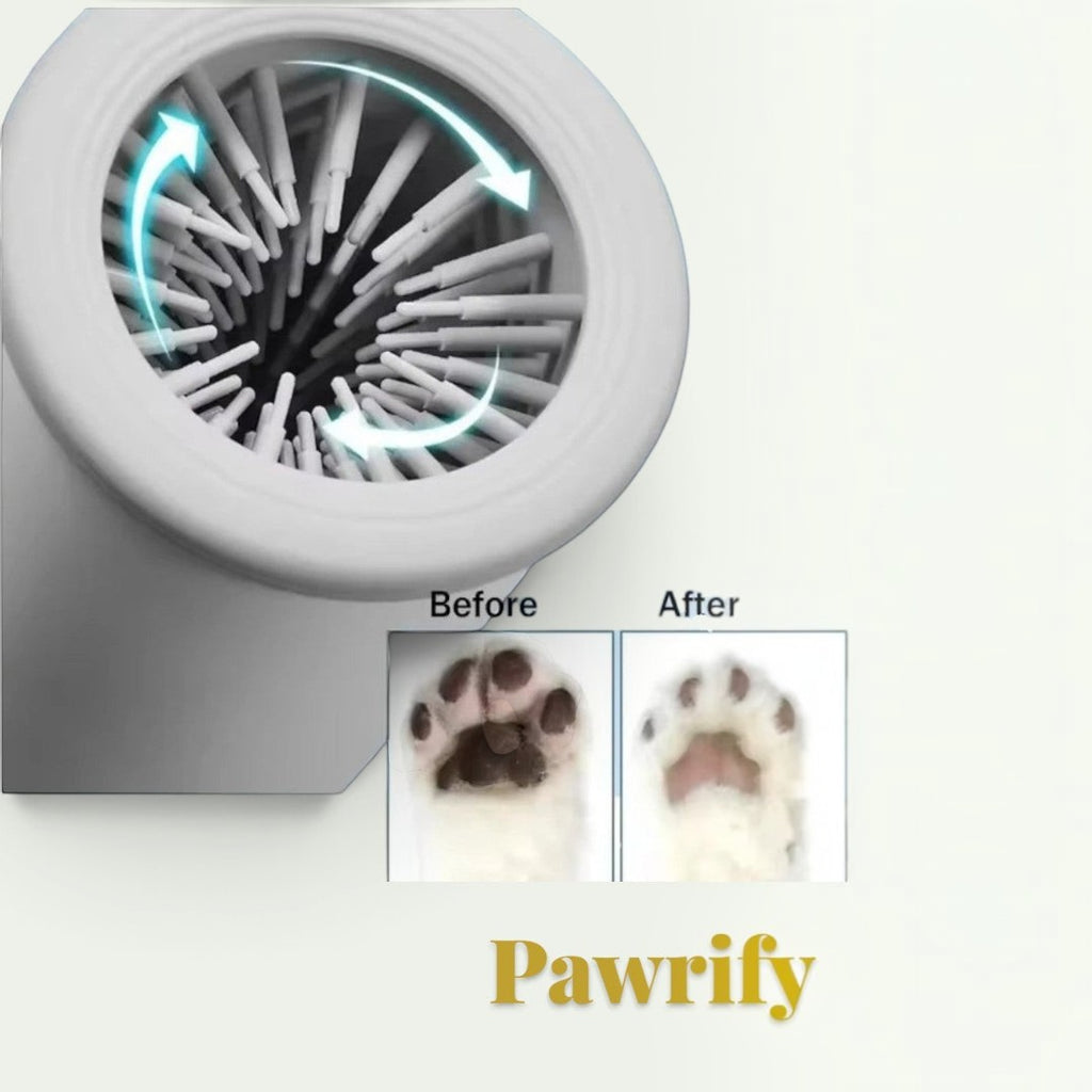 Gr8est Pawrify electric dog paw washer with soft silicone bristles showing before and after cleaning results