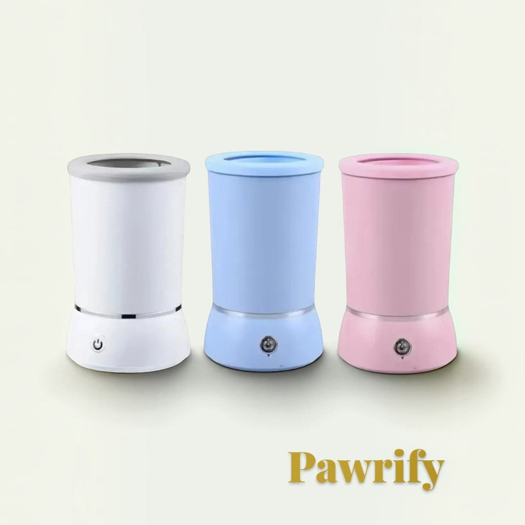 Gr8est Pawrify electric dog paw washers in white, blue, and pink with silicone bristles for cleaning muddy paws.