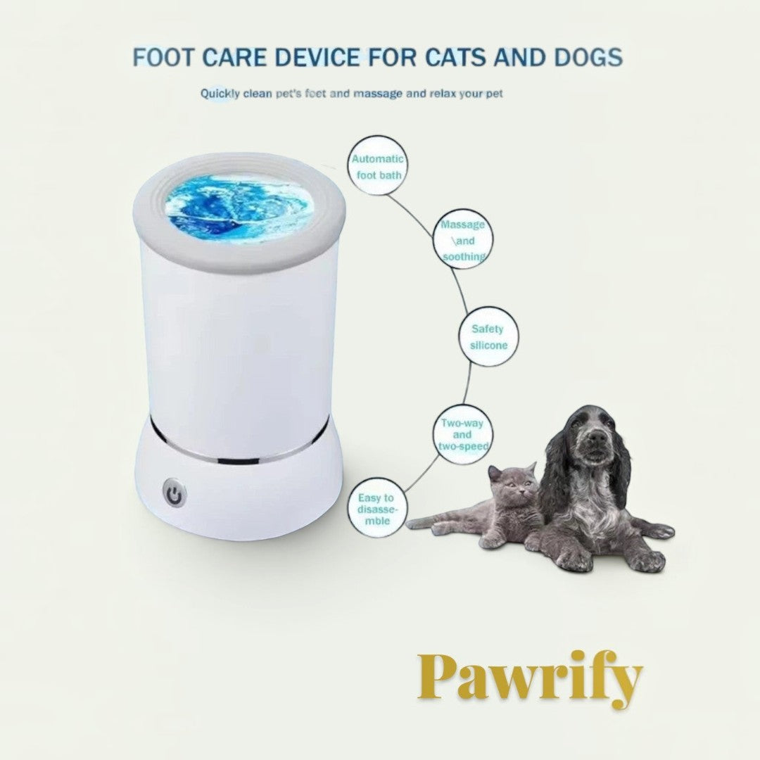 Gr8est Pawrify electric dog paw washer in white with soft silicone bristles, shown next to a dog and cat.