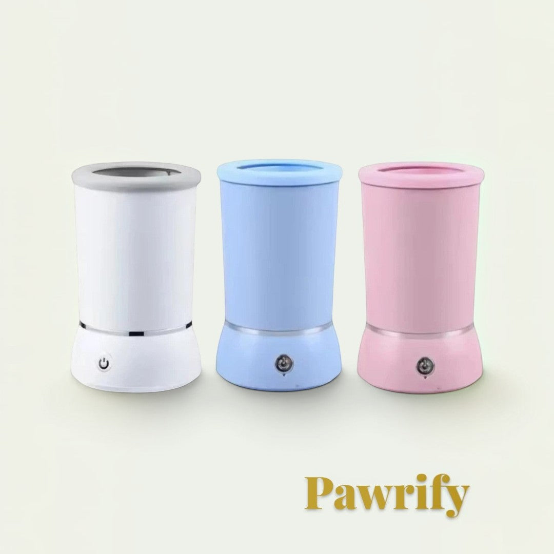 Gr8est Pawrify electric dog paw washers in white, blue, and pink with silicone bristles and one-touch operation