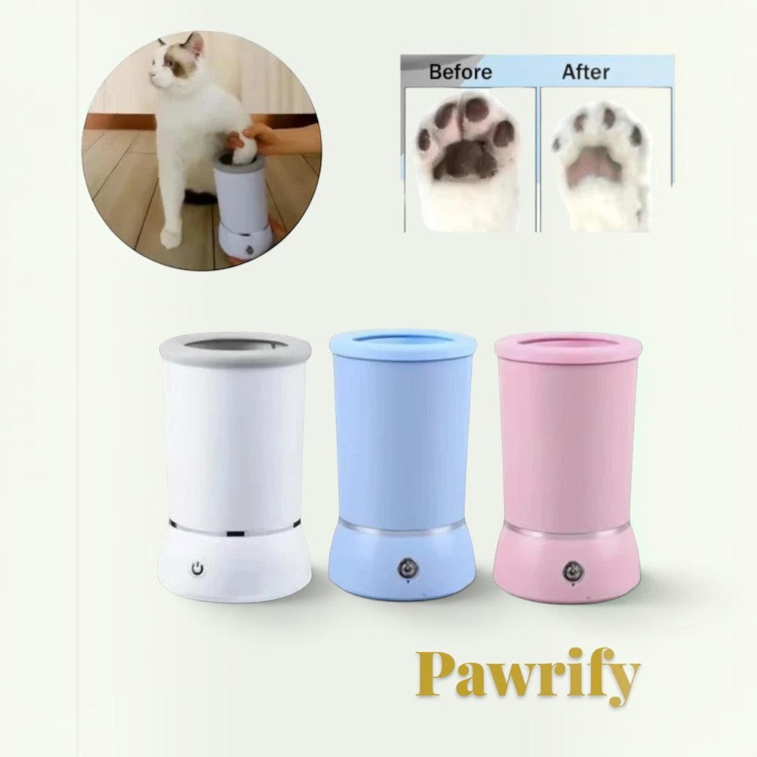 Gr8est Pawrify electric paw washers in white, blue, and pink with silicone bristles for cleaning muddy pet paws