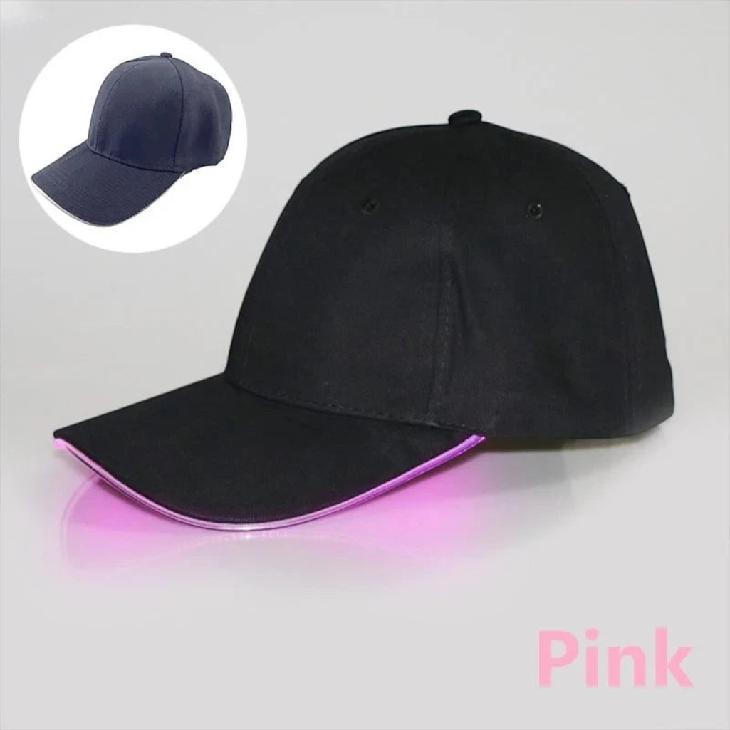 Gr8est Phosphorico black baseball cap with a glowing pink LED light trim on the brim for parties and raves