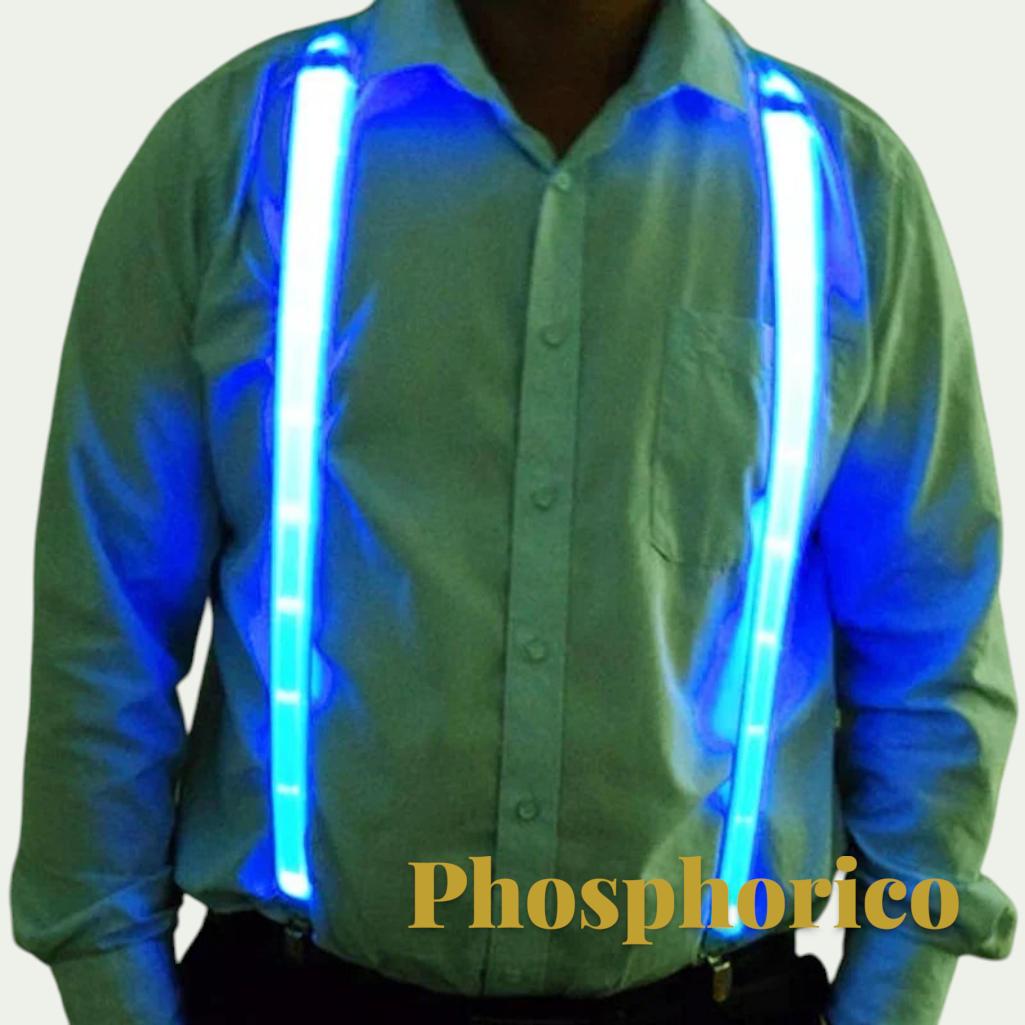 Gr8est Phosphorico blue LED light-up suspenders worn over a light shirt for raves and parties