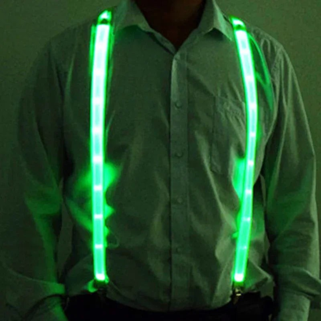 Gr8est Phosphorico green LED light-up suspenders worn over a light shirt for raves and parties