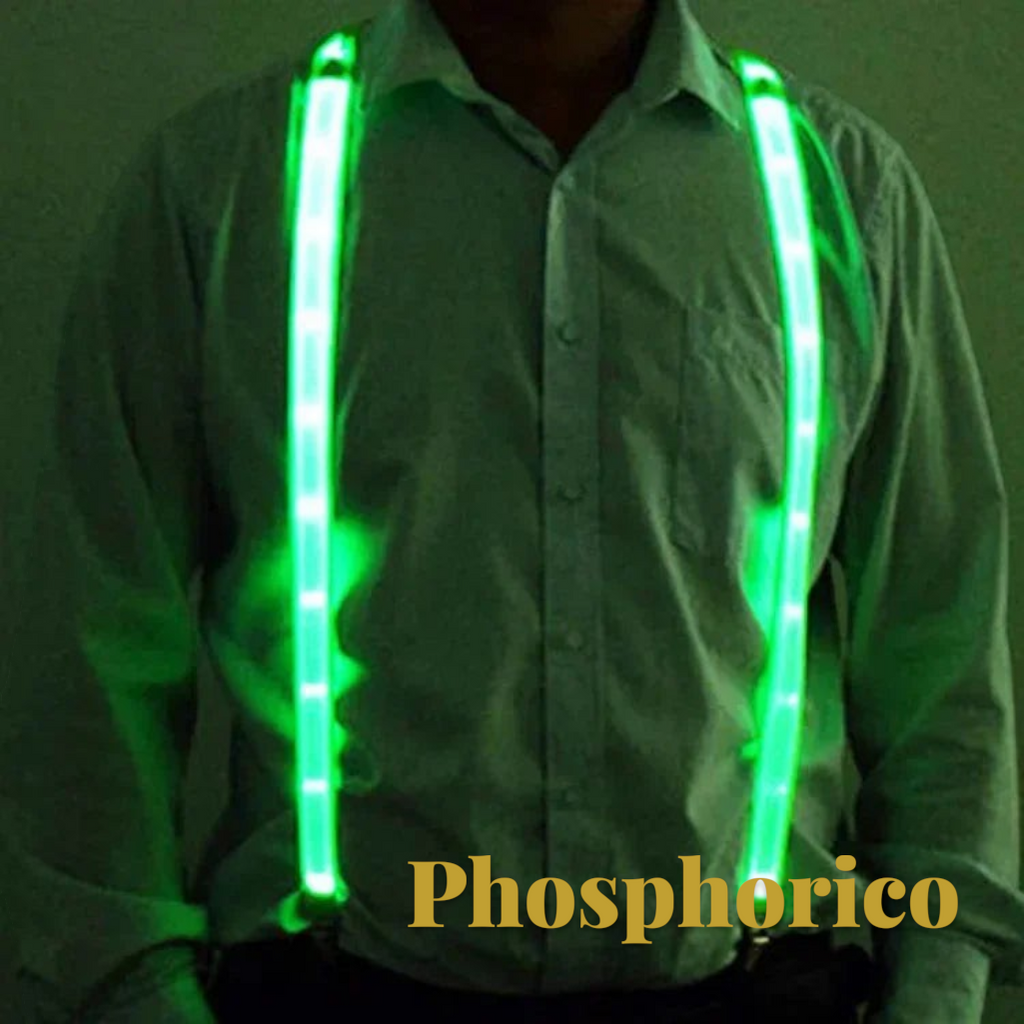 Gr8est Phosphorico green LED light-up suspenders worn over a shirt for raves and parties
